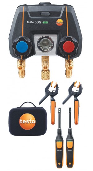 Testo 550i Smart Digital Manifold Kit with wireless temperature probes and thermo-hygrometers, -14 to 870 psi-